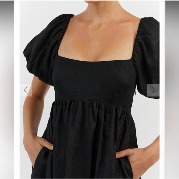 Dissh Monty Linen Black Maxi Dress Pockets Square Neck Puff Sleeves Lined US 6 - Picture 2 of 12